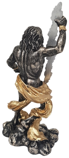 Escultura em resina Zeus com raio de metal feita artesanalmente