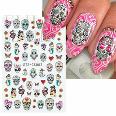 Cartela de adesvisos para unhas naturais ou postiças com tema de terror, caveira, halloween