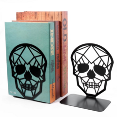 Suporte aparador de livros em metal preto formato de caveira