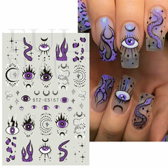 Cartela de adesvisos para unhas naturais ou postiças com tema de terror, caveira, halloween