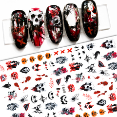 Cartela de adesvisos para unhas naturais ou postiças com tema de terror, caveira, halloween