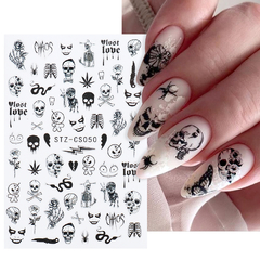 Cartela de adesvisos para unhas naturais ou postiças com tema de terror, caveira, halloween