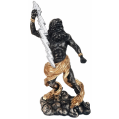 Escultura em resina Zeus com raio de metal feita artesanalmente