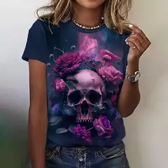 Camiseta feminina manga curta estampa 3D algodão com spandex