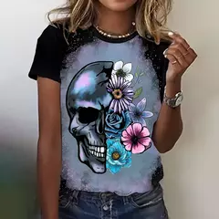 Camiseta feminina manga curta estampa 3D algodão com spandex