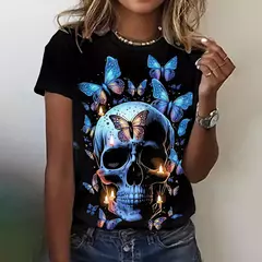 Camiseta feminina manga curta estampa 3D algodão com spandex