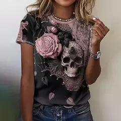 Camiseta feminina manga curta estampa 3D algodão com spandex