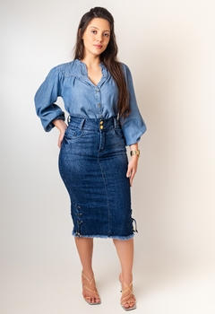 Saia jeans midi Reta cadarço lateral 70cm VCH 2415 - comprar online