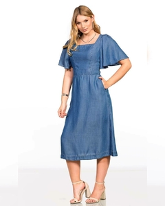 Vestido Midi jeans leve manga ampla com bolso e fenda RW2599