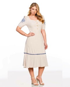 Vestido off white com detalhes em azul e botões frontais RW2598