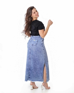 Saia jeans longa fenda barra desfiada 95 cm VCH 2486 - comprar online