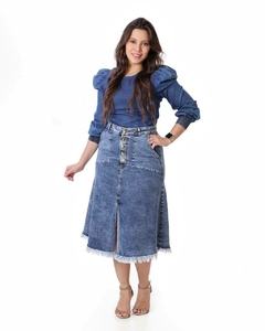 Saia jeans max midi fenda frontal desfiados 75 cm VCH 2474