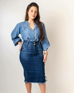 Saia jeans midi Reta cadarço lateral 70cm VCH 2415