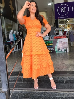 Vestido maxi midi gola V e babados Lídia MF 7887 - Saphira Moda Evangélica