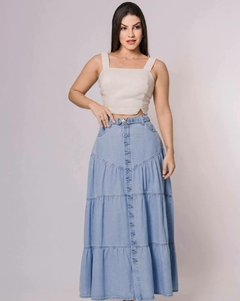 Saia jeans evasê três marias com cinto ILLUS 40901