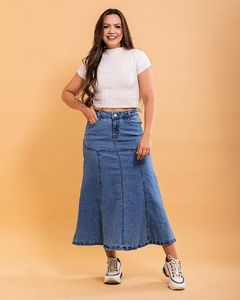 Saia jeans midi evase botão dourado 1110515