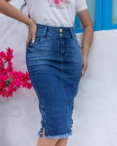 Saia jeans midi Reta cadarço lateral 70cm VCH 2415 - loja online