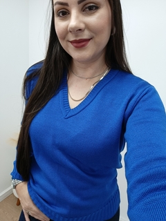 BLUSA BÁSICA DECOTE V FEMININA - AZUL BIC na internet