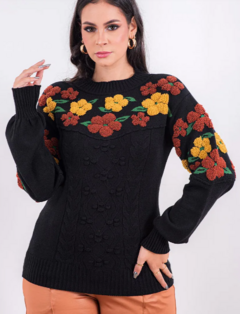 BLUSA TRICOT FLORAL (Cor: blusa preta com detalhes caramelo e mostarda)