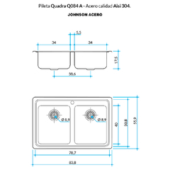 PILETA COCINA DOBLE 304 QUADRA Q 84 A (83.8X55.9X17.5) JOHNSON