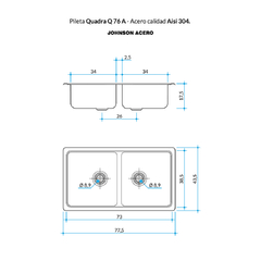 Imagen de PILETA COCINA DOBLE 304 QUADRA Q 76 (70.8X37X17.5) JOHNSON