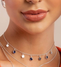 Colar Choker com Pedra Colorida e Estrelas - Prata 925