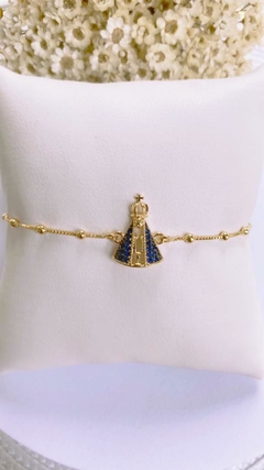 Pulseira com Bolinhas Nossa Senhora de Aparecida Cravejada em Zircônias Banhado em Ouro 18k