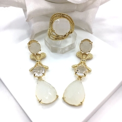 Conjunto Luxo Brinco e Anel com Cristal Branco Vela Folheado em Ouro