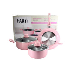 Set Olla Cacerola Sartén Antiadherente Teflon Fary Home Color Granito Rosa