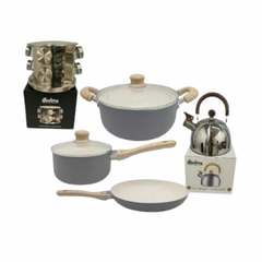 Set Bateria Cocina Gray Antiadherente Especiero Pava