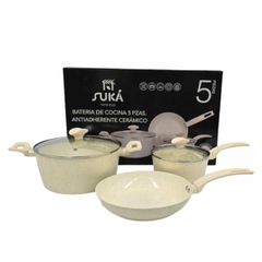 Bateria De Cocina 5pz Antiadherente Suka Crema Granito