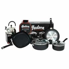 Set Bateria Juego Ollas Hudson Teflon Negro Bifera Pava