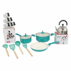 Set Ollas Suka Ceramica Celeste Especiero Pava Y Utensillos