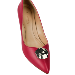 Sapato Couro Vermelho Placa Dourada Salto 8cm Bico Fino Lj Luciana Janich - comprar online