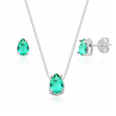 Conjunto de Prata Gota Pedra Verde