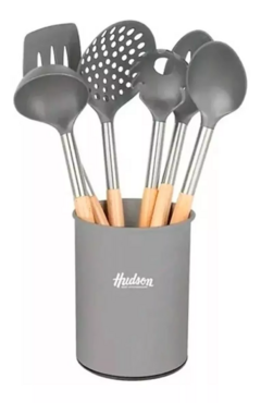 Set 6 Utensilios Gris Nylon Mango Madera Base Hudson