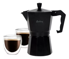 Set Cafetera Italiana Total Black+2 Tazas Vidrio Doble Pared