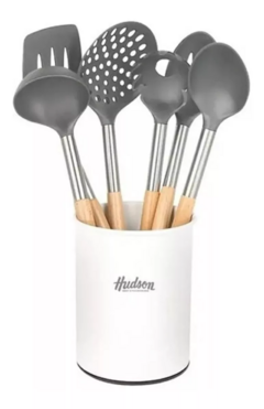 Set 6 Utensilios Gris Nylon Mango Madera Base Hudson