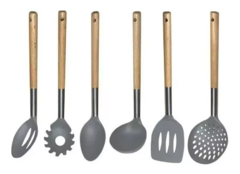 Set 6 Utensilios Gris Nylon Mango Madera Base Hudson - comprar online