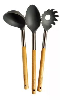 Set 6 Utensilios Gris Nylon Mango Madera Base Hudson - bazarlaeconomia