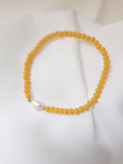 Pulseira cristal amarelo e pérola natural