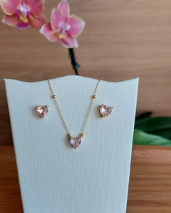 Conjunto coração zircônia quartzo rosa banho ouro18k