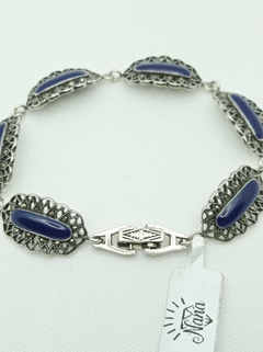 Pulseira em Prata de Bali - Prata 925 Resina Azul e Marcassitas cravejadaa - comprar online