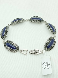 Pulseira em Prata de Bali - Prata 925 Resina Azul e Marcassitas cravejadaa