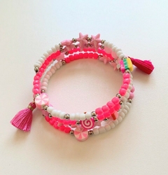 Bracelete Feminino Rosa com Branco de Mola, com Miçangas