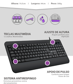 Teclado Multimidia Com Fio USB KB-M100BK Preto C3Tech - loja online