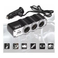 TRIPLE ADAPTADOR 3 BOCAS 12V + 1 CARGADOR USB PARA AUTO