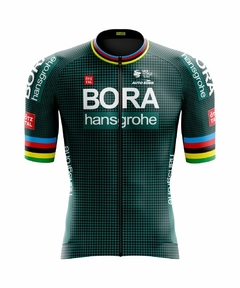 Camisa de Ciclismo Masculina Bora Xadrez Verde Manga Curta Equipe