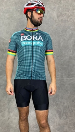 Camisa de Ciclismo Masculina Bora Xadrez Verde Manga Curta Equipe na internet