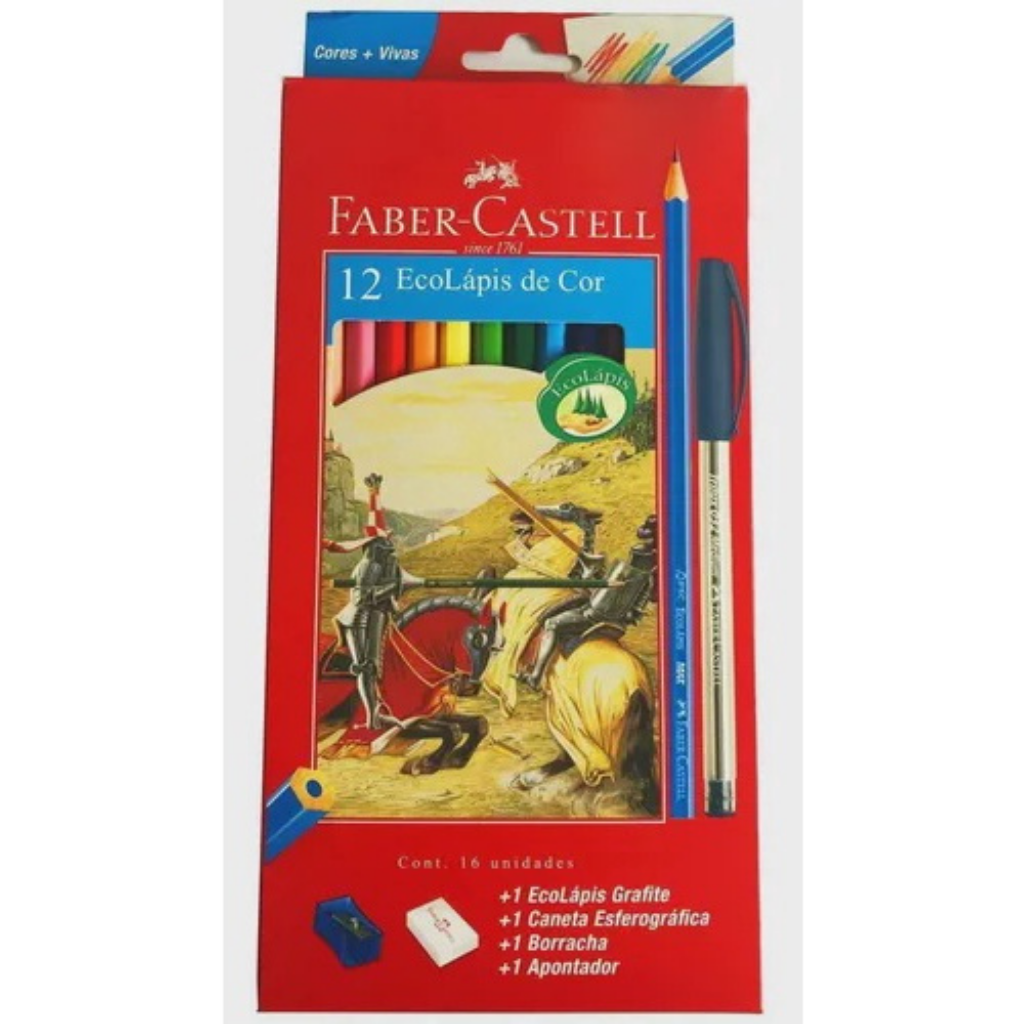 Lápis de Cor Faber-Castell 12 Cores com Apontador, Borracha e 2 EcoLápis  Grafite - Loja EBEG